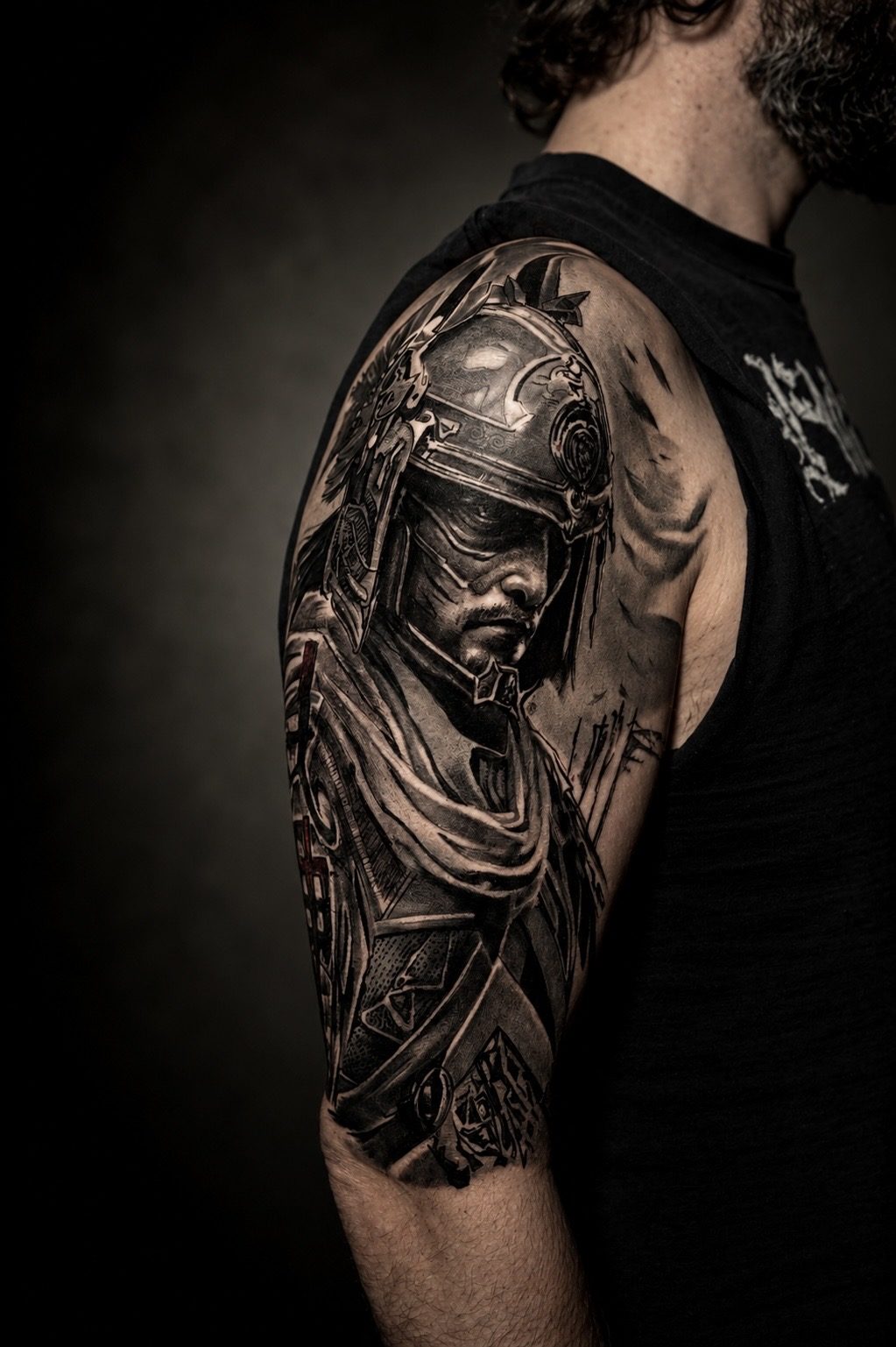 Roman warrior black and grey realism sleeve by Erkan Zarif at THRONE Northampton