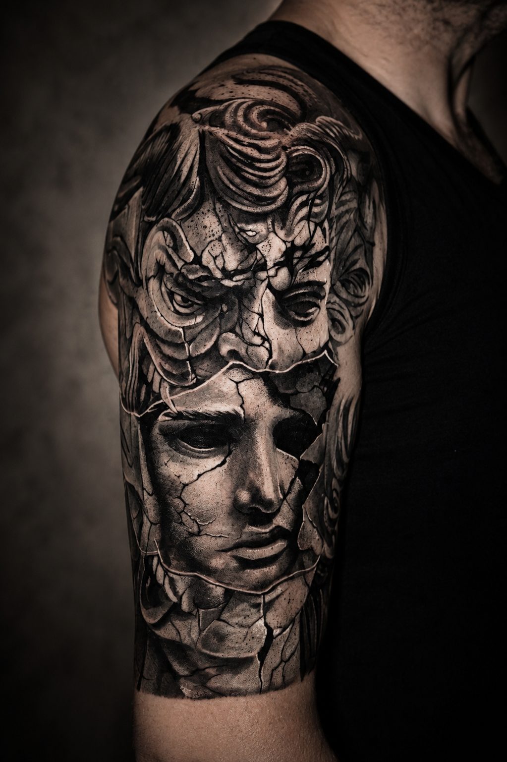 Cracked marble statue portrait sleeve by Erkan Zarif at THRONE Northampton