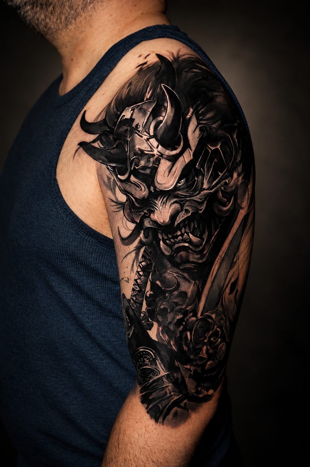 Oni mask Japanese sleeve by Erkan Zarif at THRONE Northampton