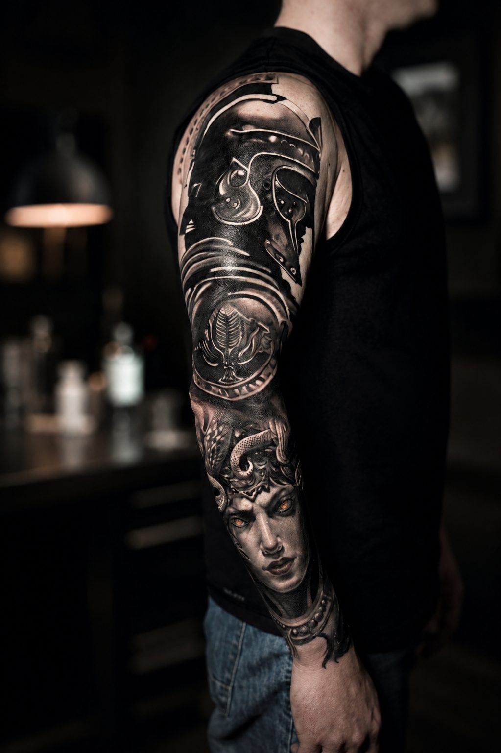 Spartan helmet and Medusa full sleeve by Erkan Zarif at THRONE Northampton