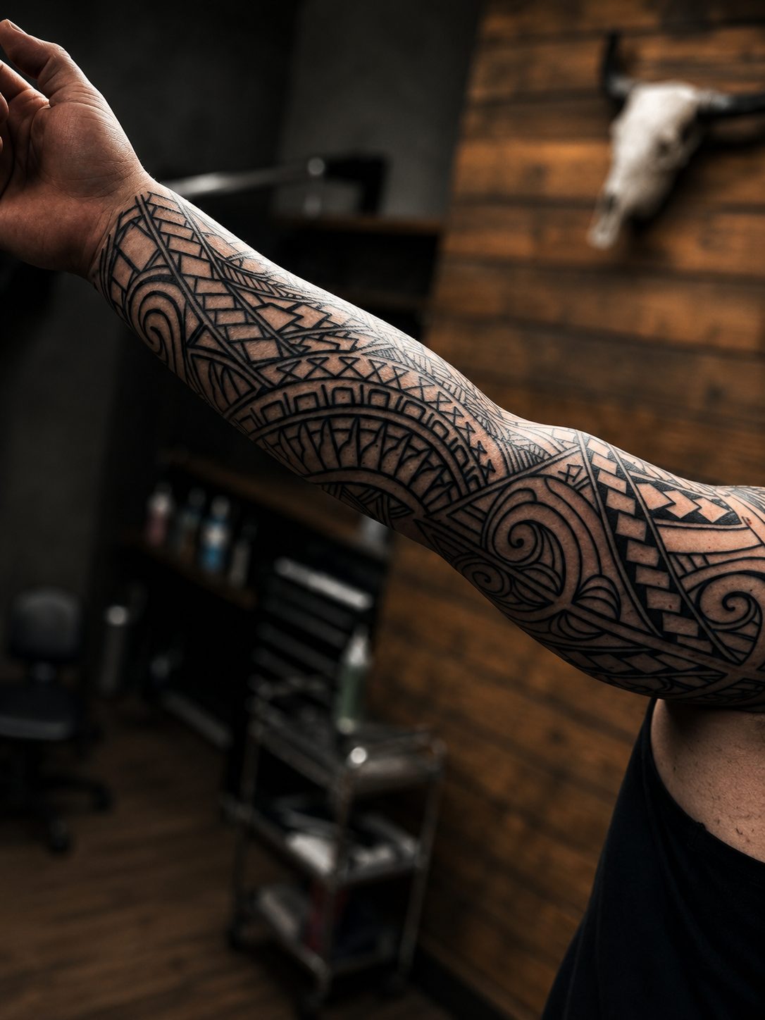 Polynesian blackwork forearm by Erkan Zarif at THRONE Northampton