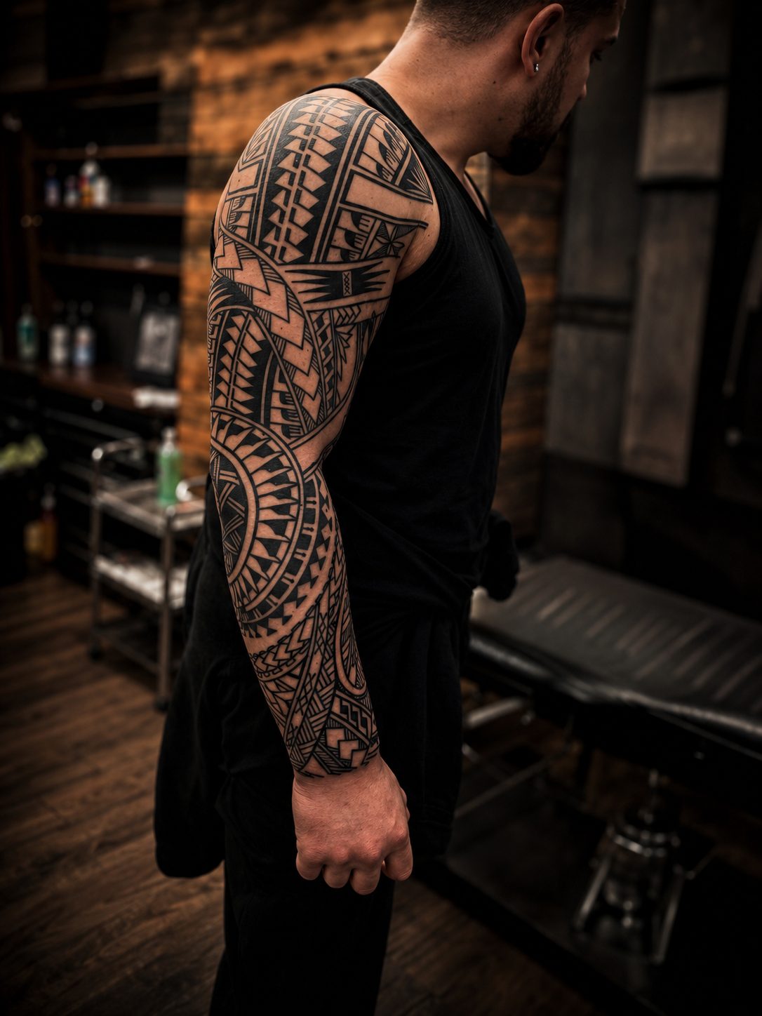 Polynesian blackwork full sleeve by Erkan Zarif at THRONE Northampton