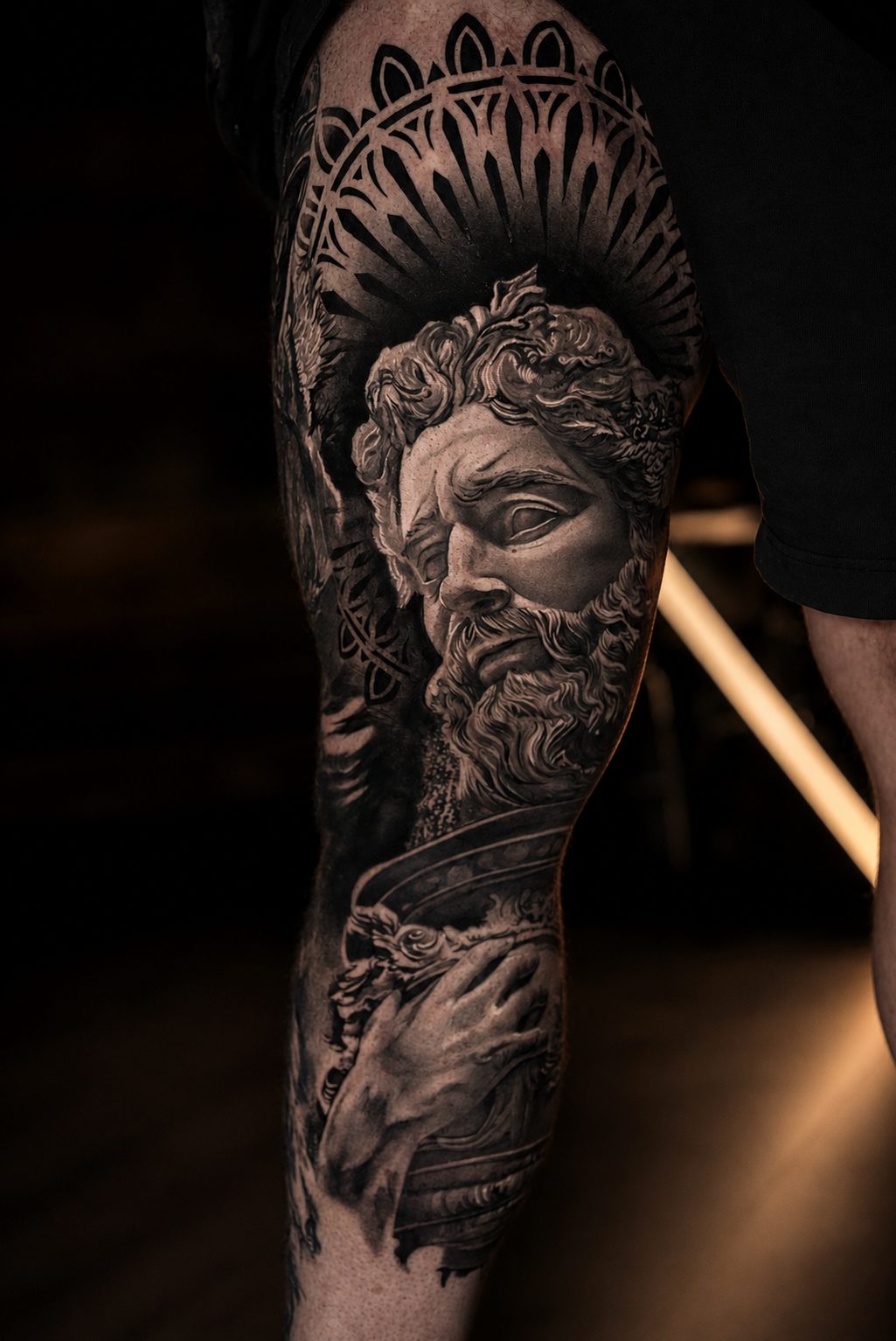 Zeus statue black and grey leg piece by Erkan Zarif at THRONE Northampton
