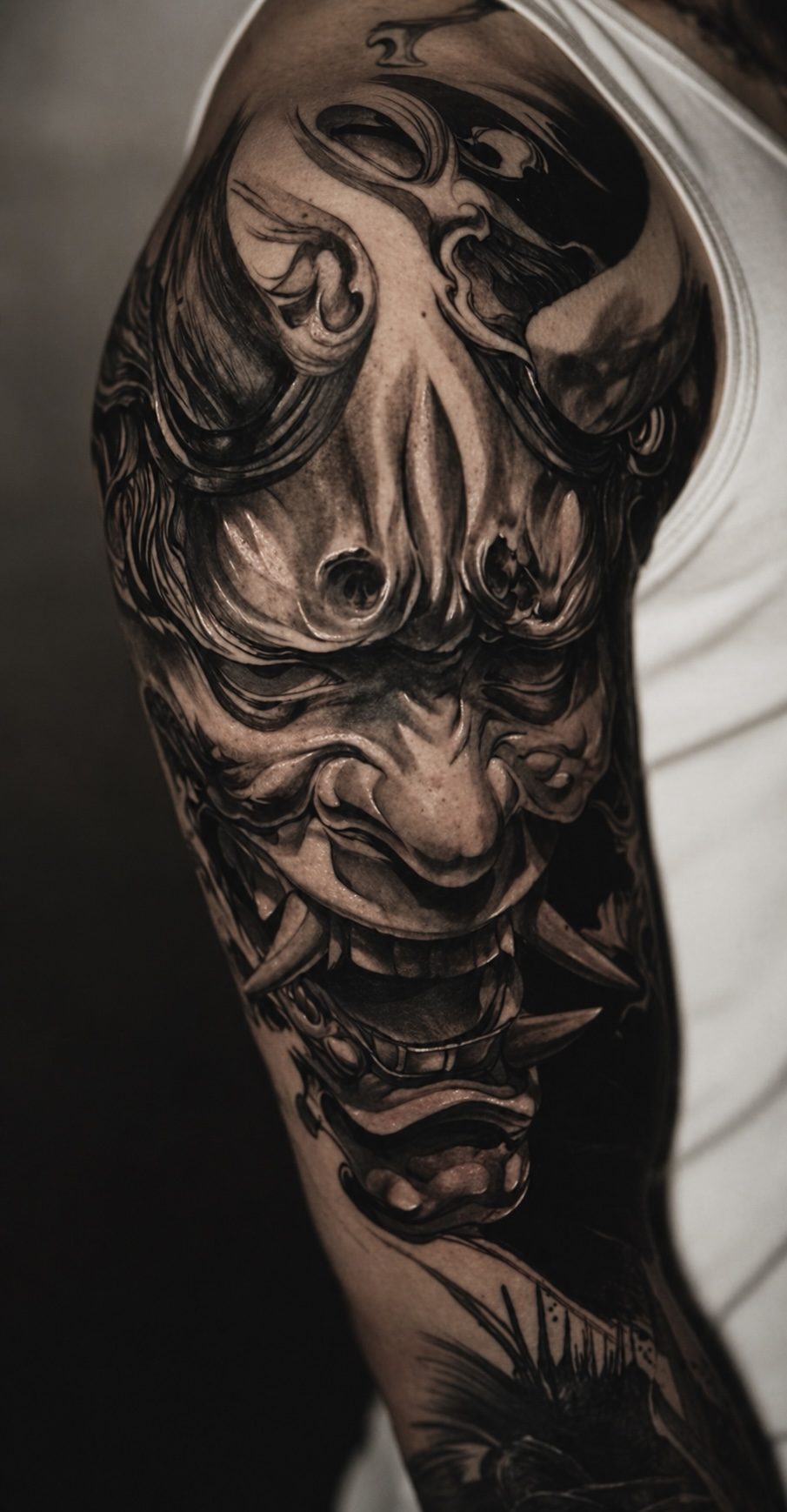 Hannya mask black and grey sleeve by Erkan Zarif at THRONE Northampton