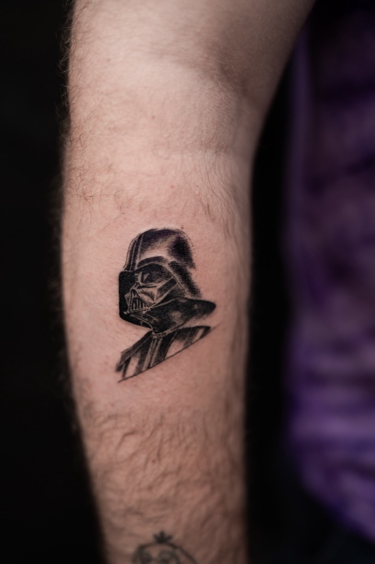 Darth Vader in black and grey on a forearm, by Tuba at THRONE Northampton