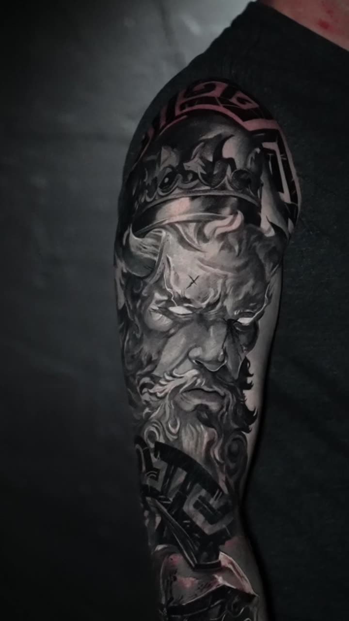 Zeus black and grey realism sleeve by Erkan Zarif at THRONE Northampton