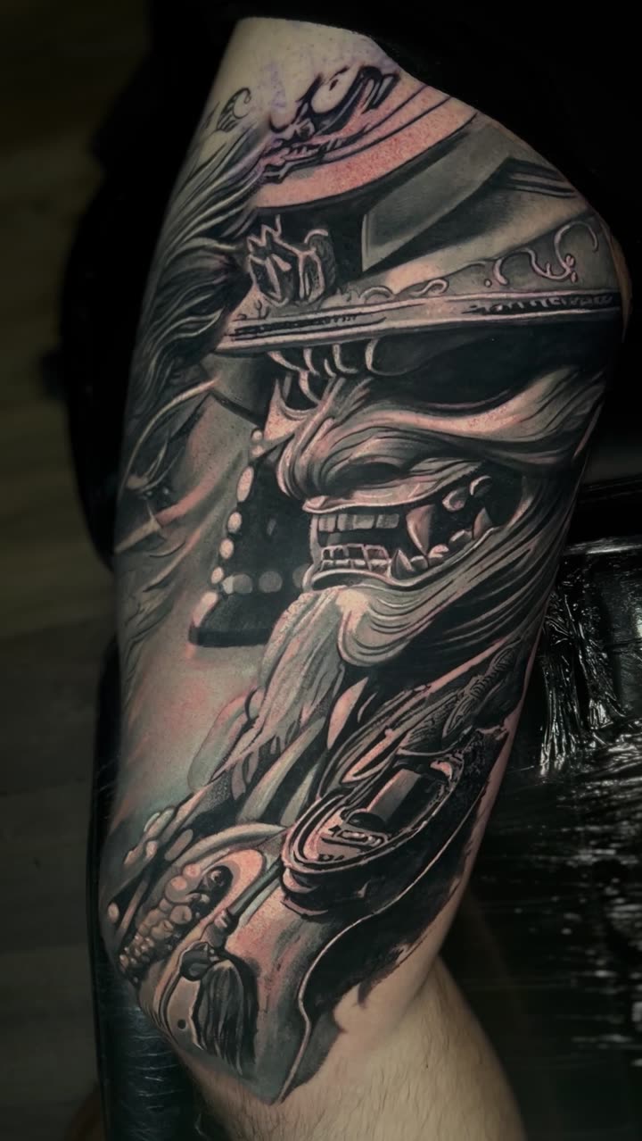 Samurai and hannya black and grey sleeve by Erkan Zarif at THRONE Northampton